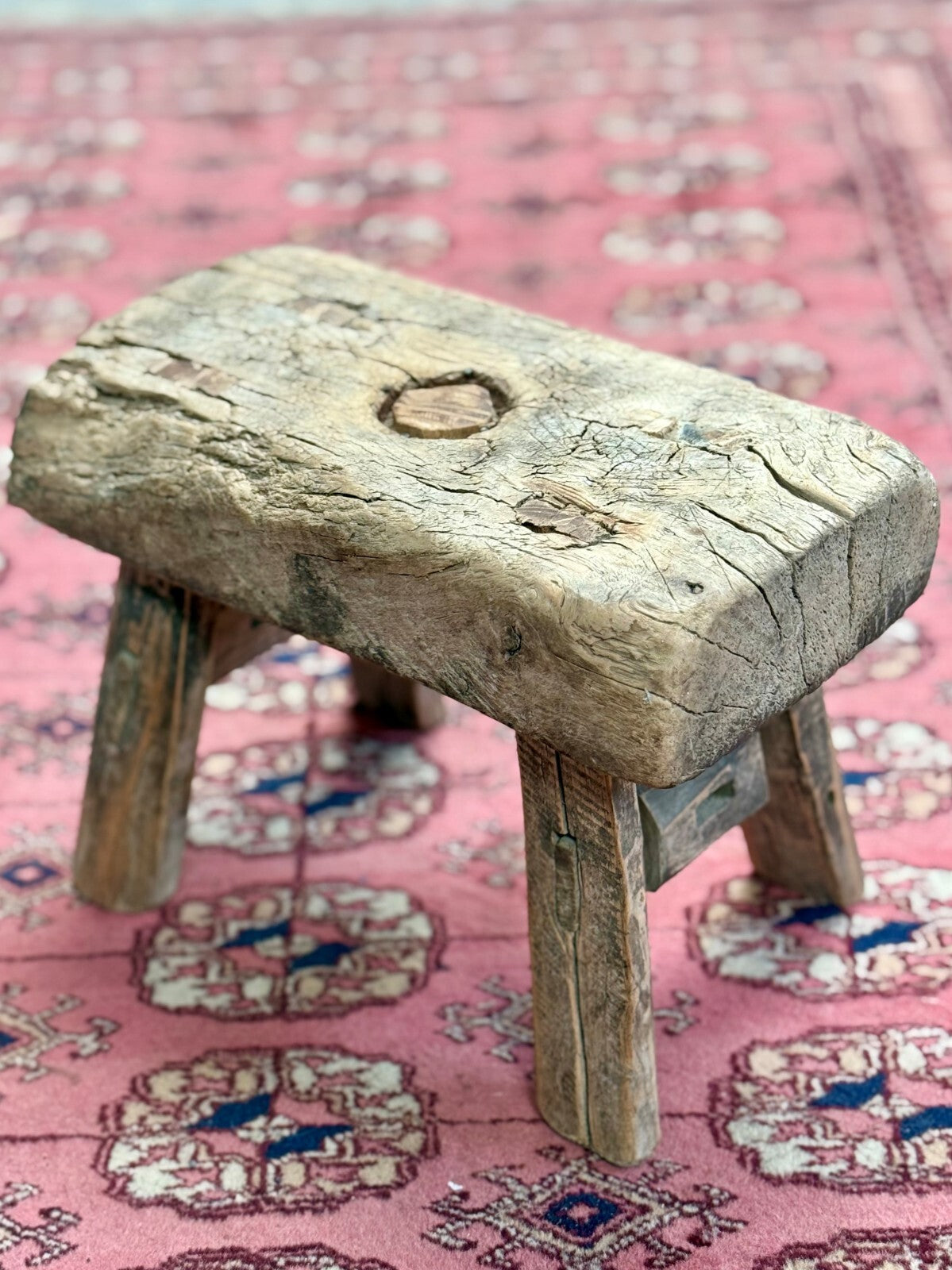 Tiny Antique Elm and Oak Stool