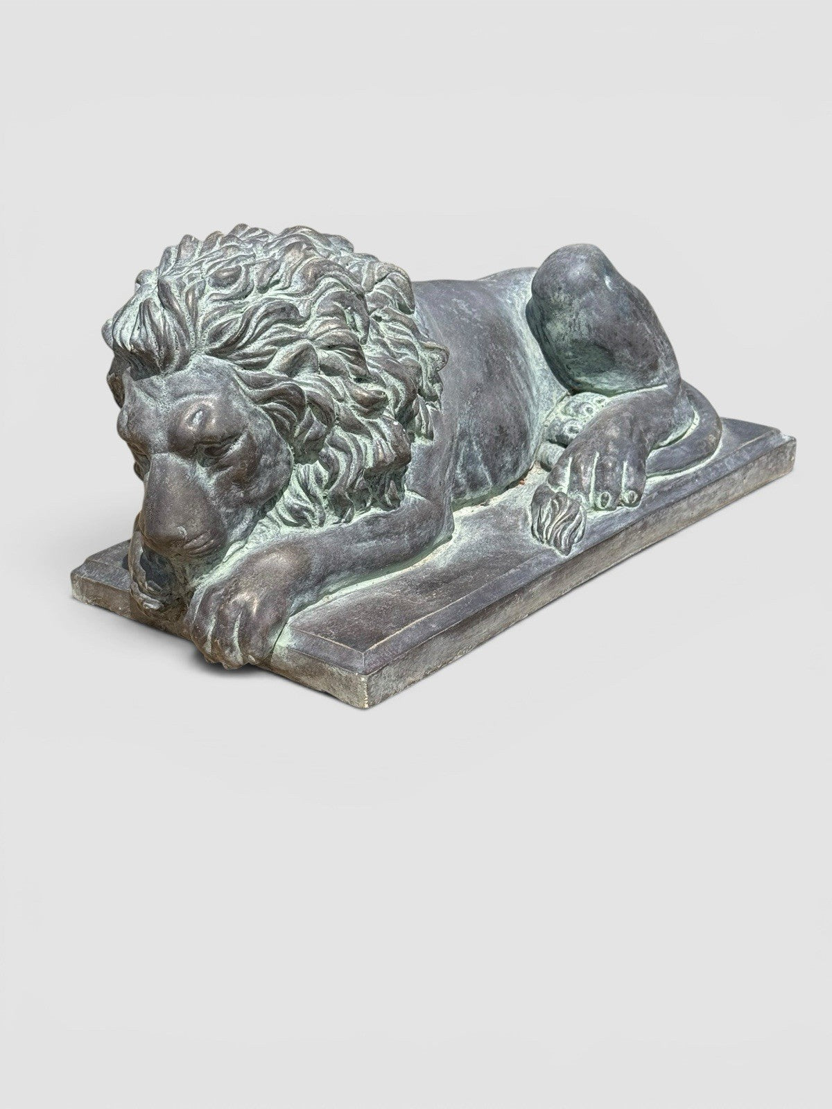 Pair Early 20thC Bronzed Plaster Recumbent Lions After Antonio Canova Statues