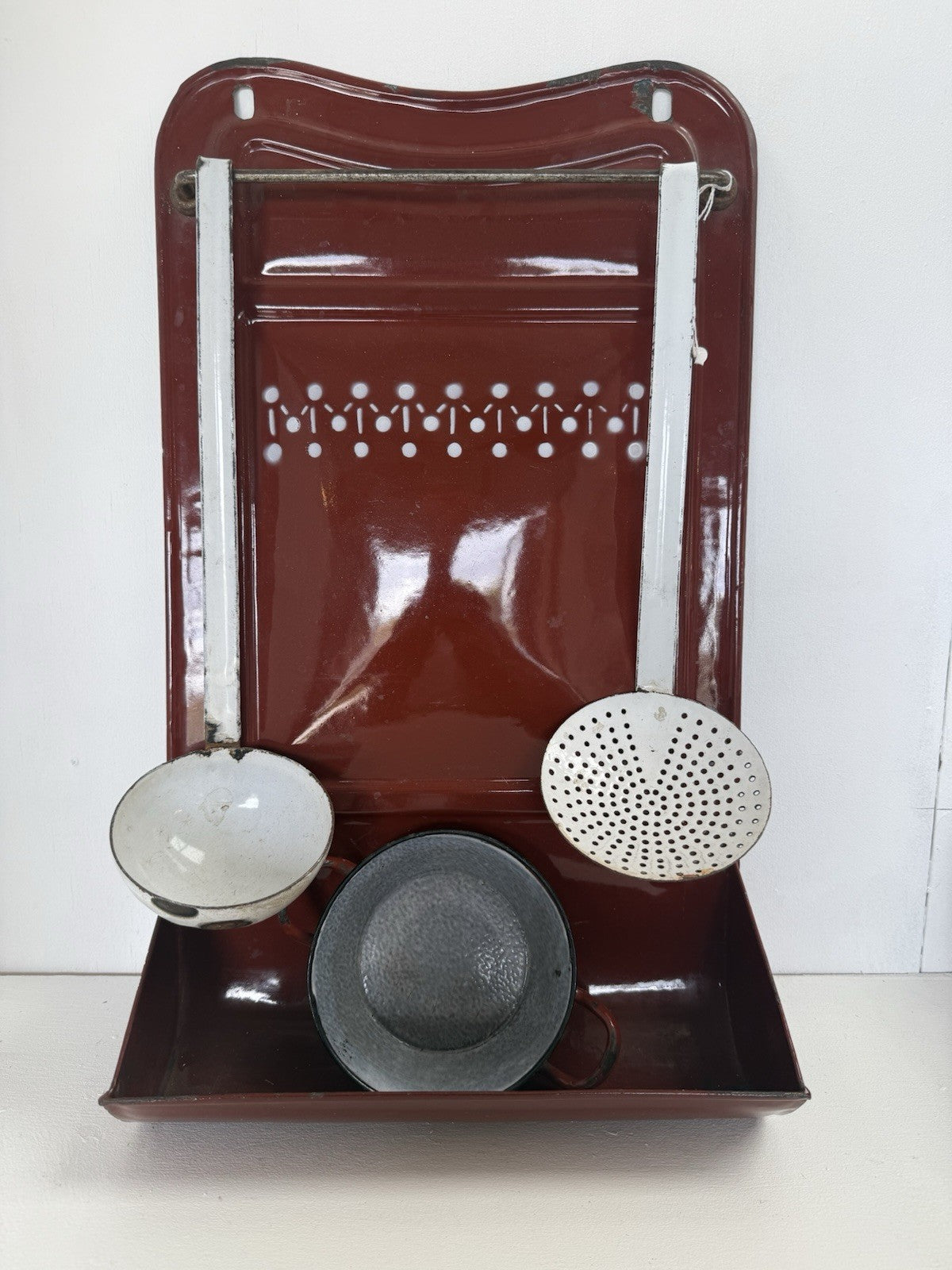 Set Vintage Wall Mounted French Enamel Utensil Holder Kitchenalia Cottage Style