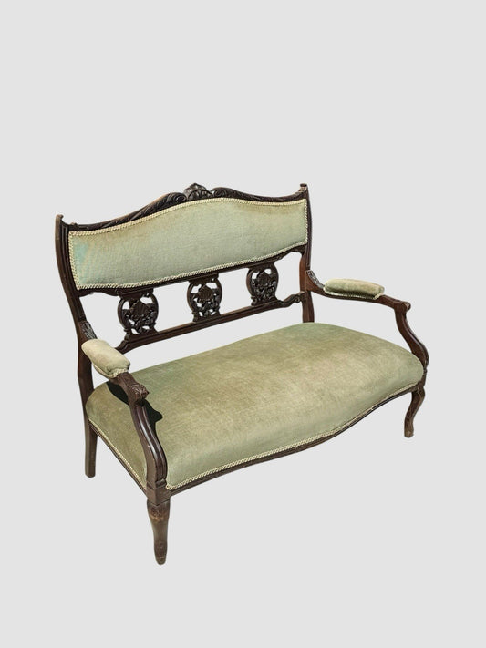 Antique Victorian Carved Mahogany Settee Sofa Green Upholstered Two Seater