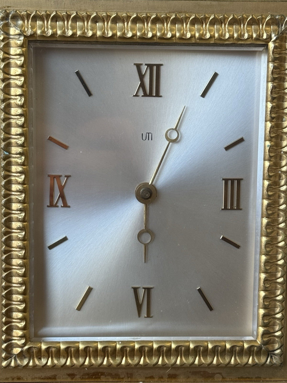 Vintage UTI Gilt Brass Carriage Clock Roman Dial Desk Mantel Timepiece