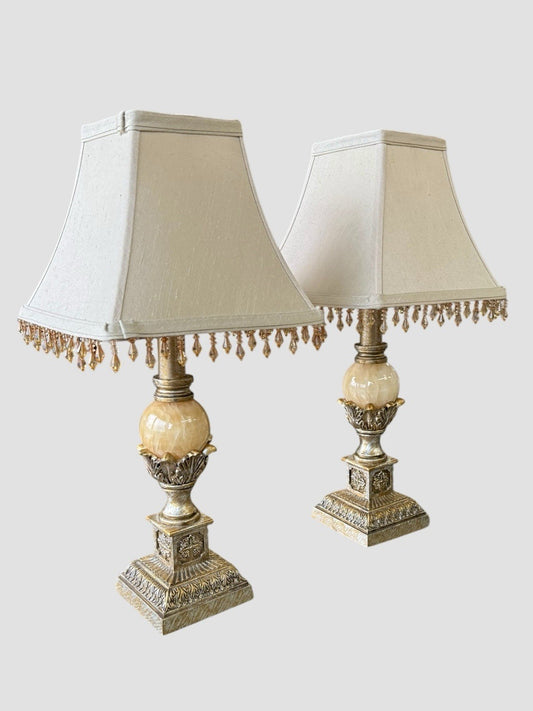 Vintage Neoclassical Table Lamps Pair Ornate Gold Effect with Shades