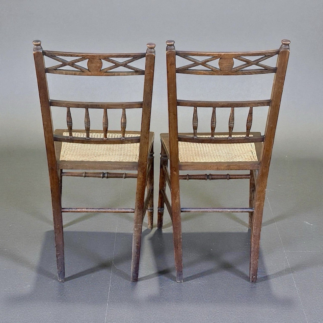 Pair Antique Victorian Cane Seat Chairs Spindle Back Farmhouse Wooden Dining