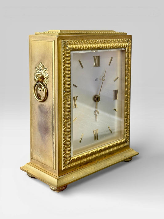 Vintage UTI Gilt Brass Carriage Clock Roman Dial Desk Mantel Timepiece