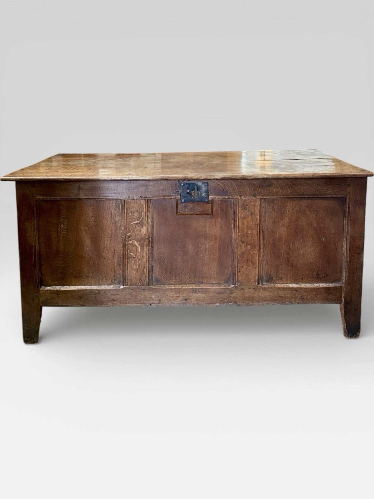 Antique 18th Century Oak Three Panel Coffer Chest Trunk