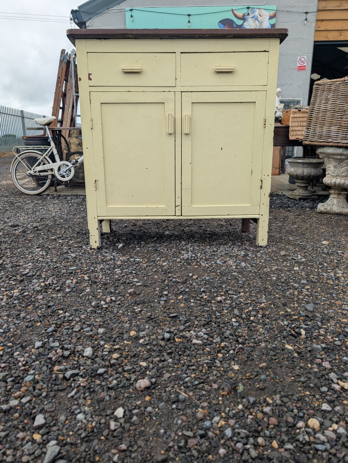 Yellow Hand painted Early 19c Glass And Solid Door Front Cupboard In 2 Pieces 