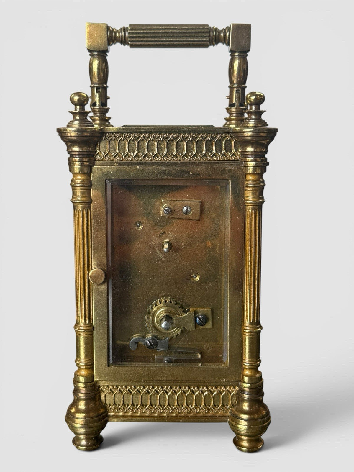 Antique French Gothic Revival Carriage Clock Brass Case Working Timepiece