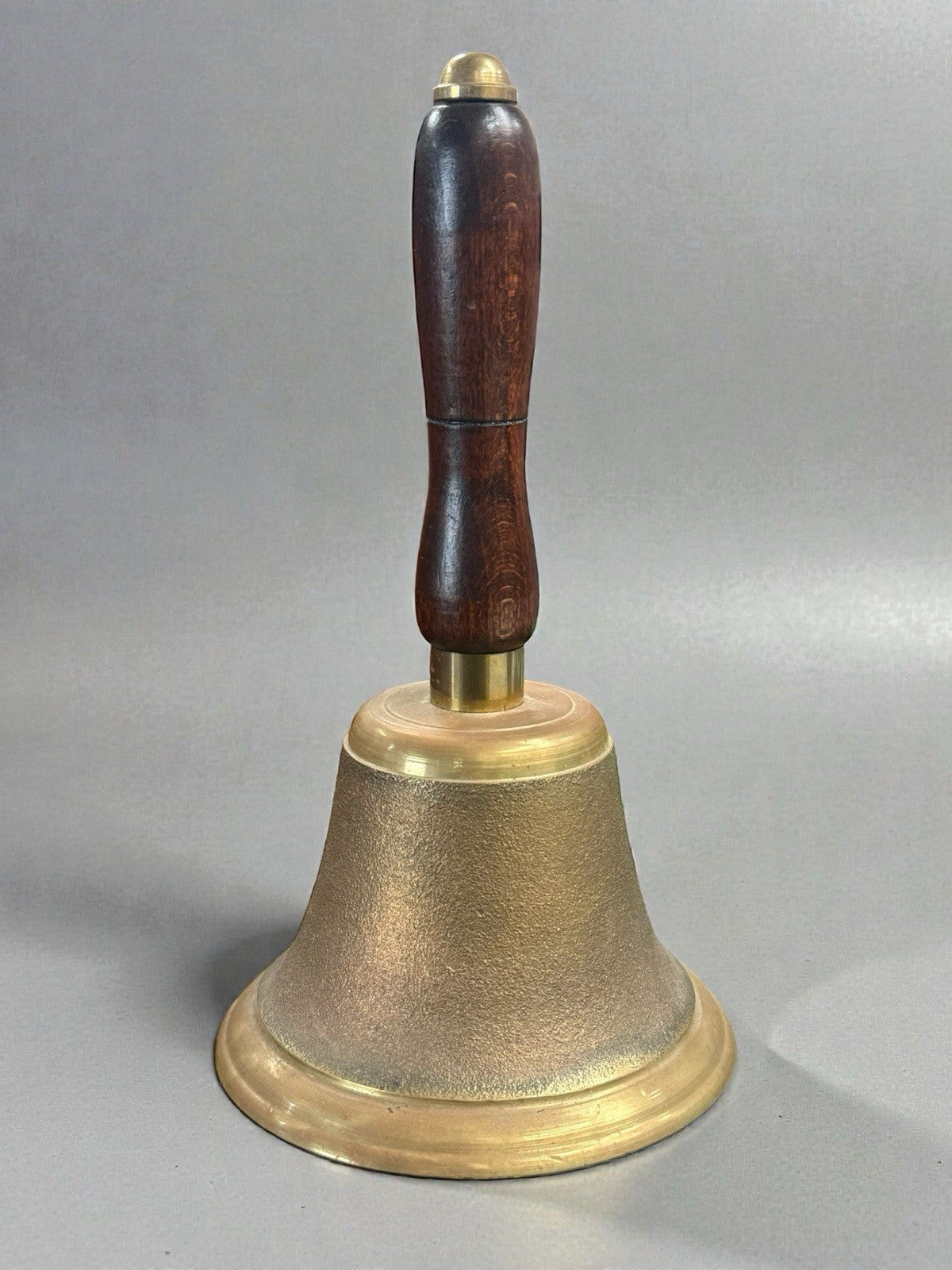 Vintage Brass Turned Wood Hand Held Bell Heavy School Teacher Height 9 Inches