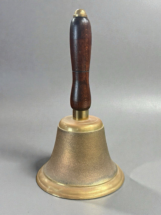 Vintage Brass Turned Wood Hand Held Bell Heavy School Teacher Height 9 Inches