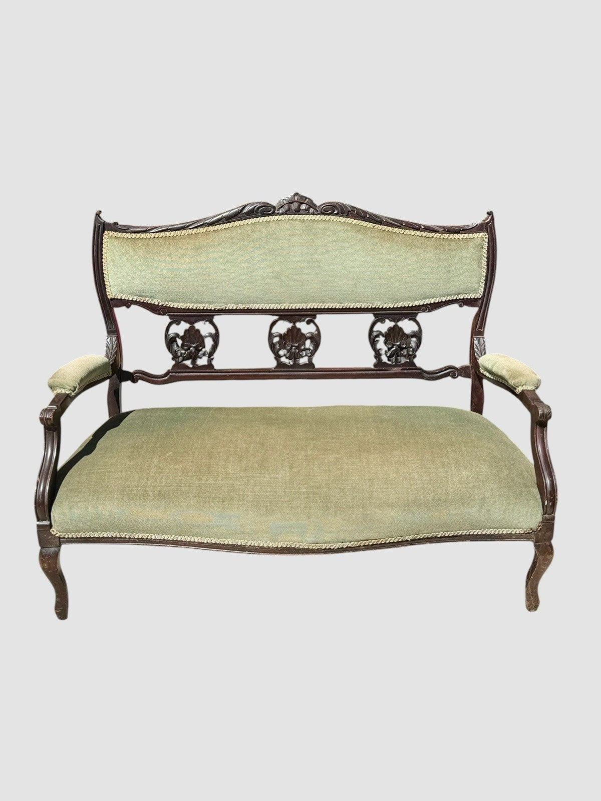 Antique Victorian Carved Mahogany Settee Sofa Green Upholstered Two Seater