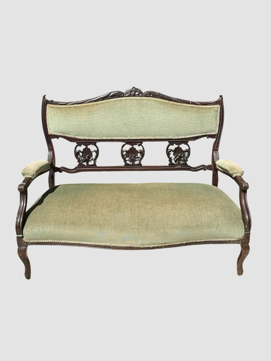 Antique Victorian Carved Mahogany Settee Sofa Green Upholstered Two Seater
