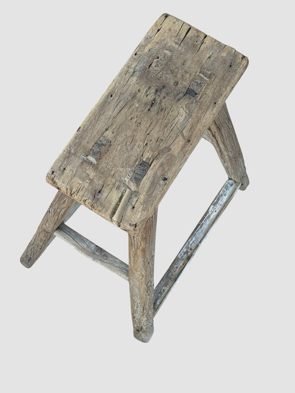 Antique Elm Rustic Wooden Stool Farmhouse Primitive Milking Seat Vintage