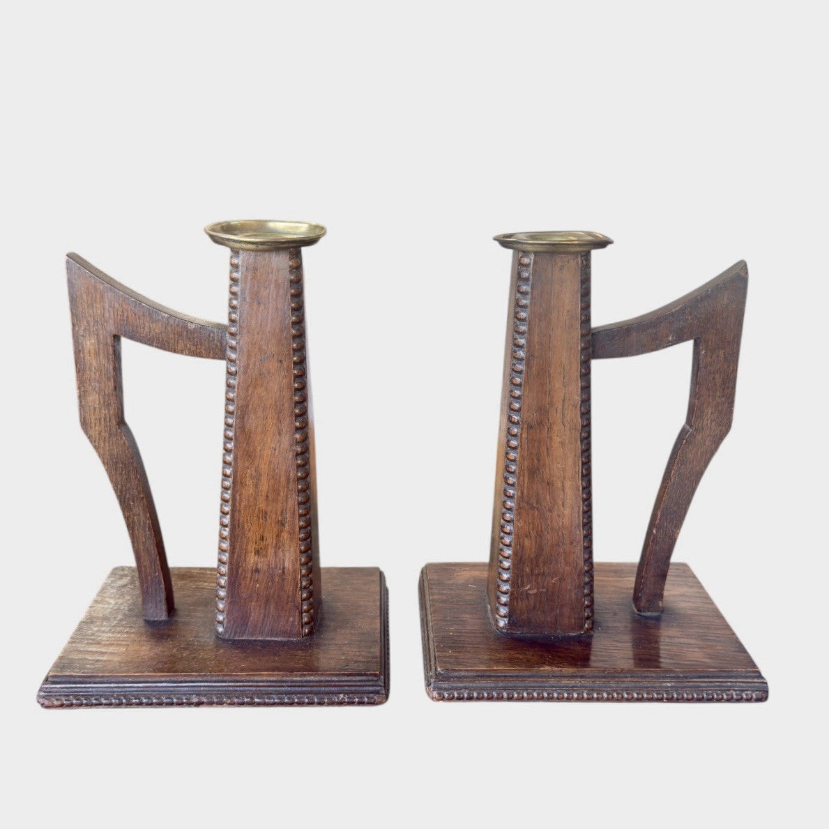 Pair Antique Arts and Crafts Wooden Candlesticks Candle Holders