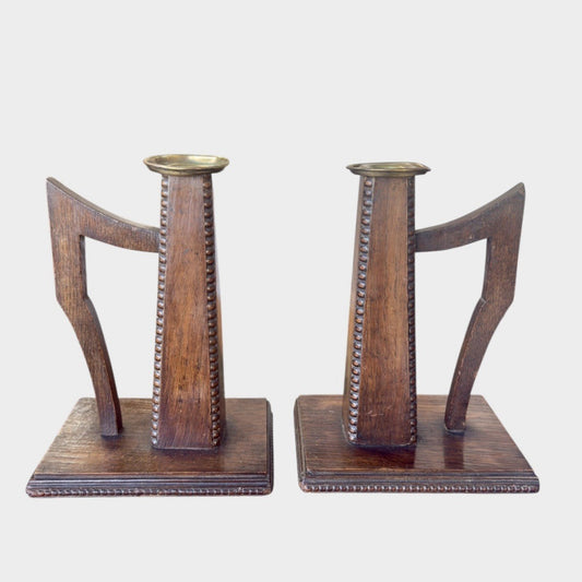 Pair Antique Arts and Crafts Wooden Candlesticks Candle Holders