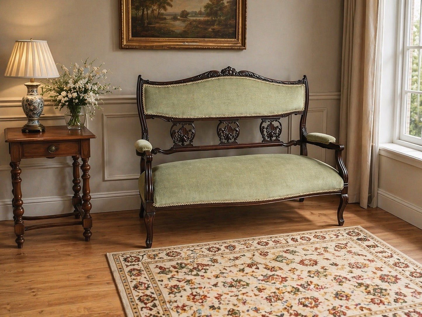 Antique Victorian Carved Mahogany Settee Sofa Green Upholstered Two Seater