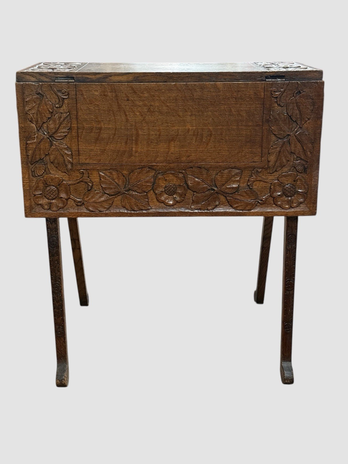 Antique English Carved Oak Swivel Top Drop Leaf Table