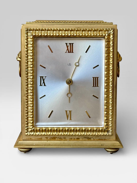 Vintage UTI Gilt Brass Carriage Clock Roman Dial Desk Mantel Timepiece