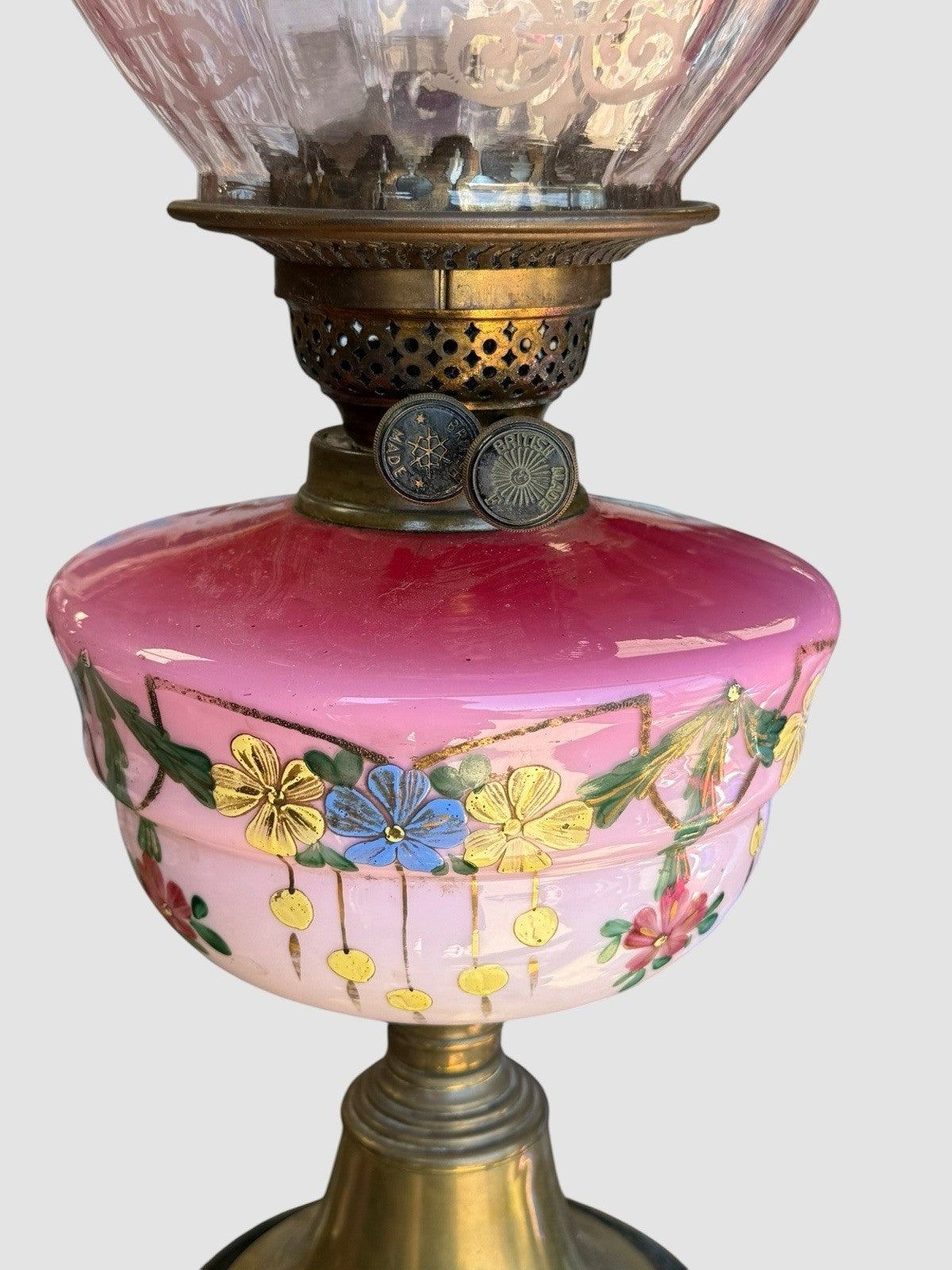 Antique Victorian Cranberry Glass Oil Lamp Hand Painted Font Shade 