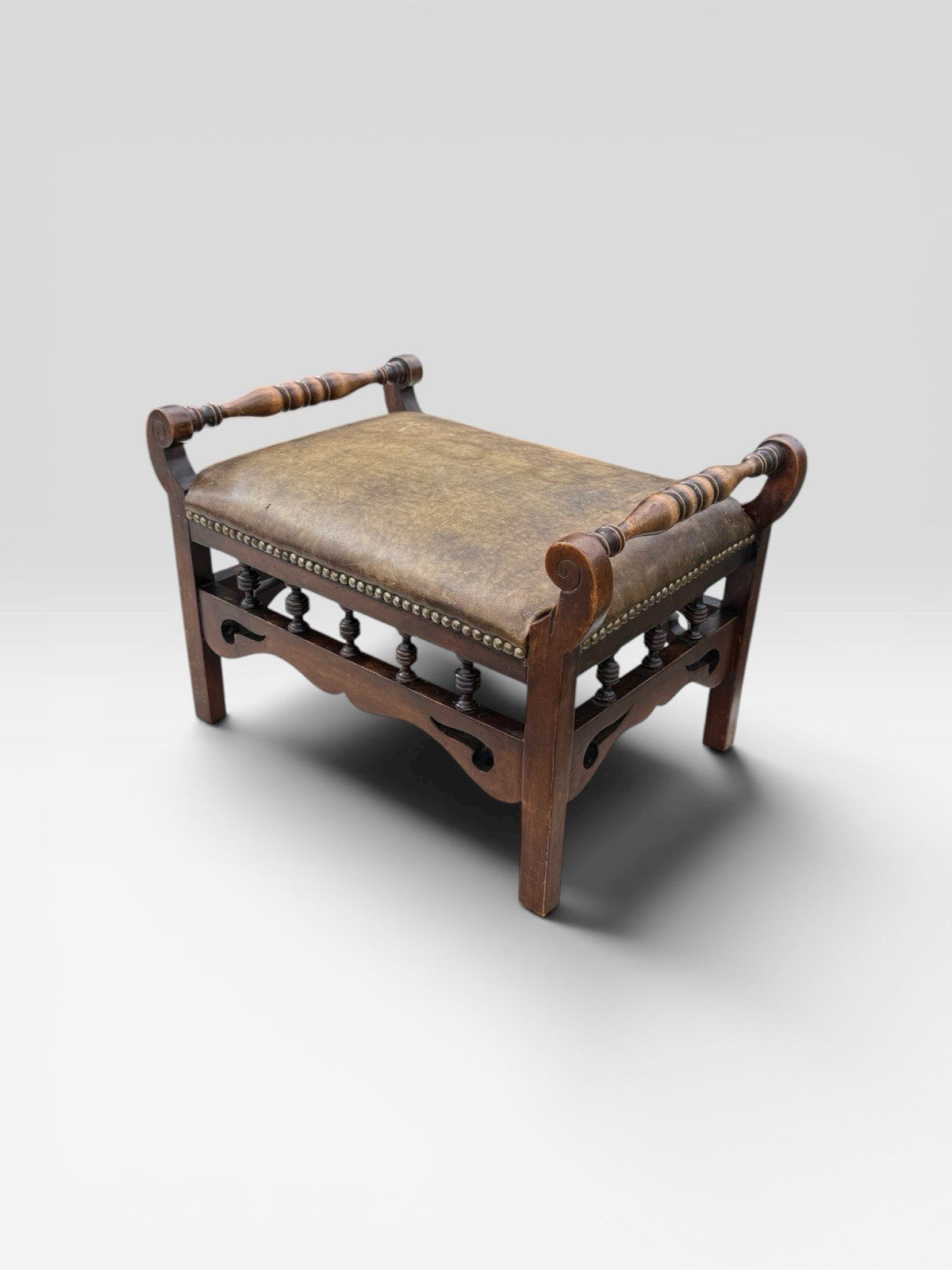 Antique Victorian Oak Stool Leather Upholstered Seat Vintage Footstool