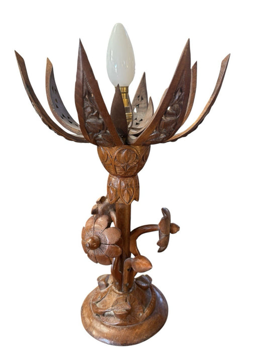 Vintage Hand Carved Lotus Flower Table Lamp Light 