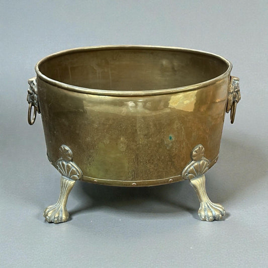 Antique Victorian Brass Log Bin With Lion Mask Handles And Paw Feet Fireplace