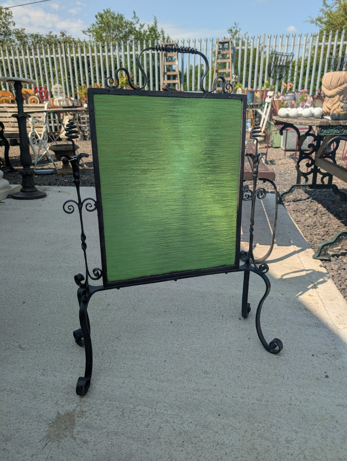 Arts and Crafts Green Glass In Wrought Iron Fire Screen