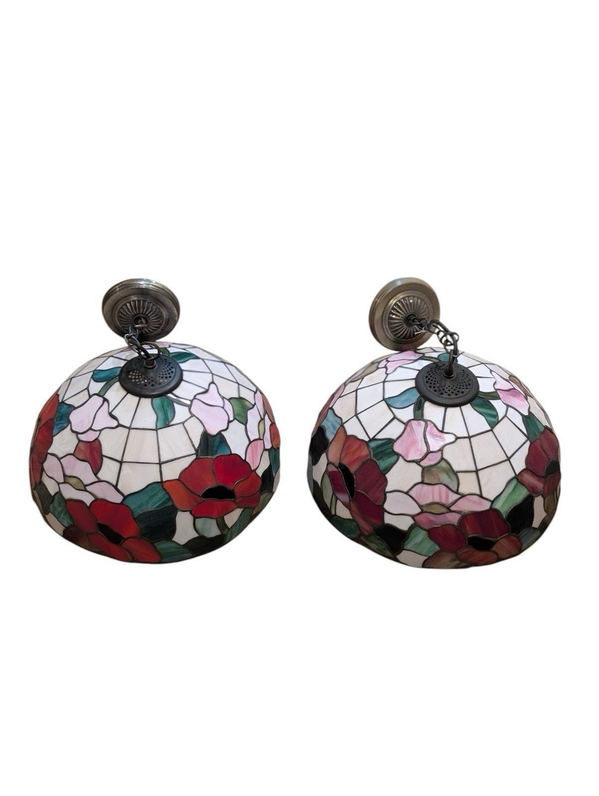Pair Tiffany Style Glass Ceiling Pendants Vintage Stained Glass Lights