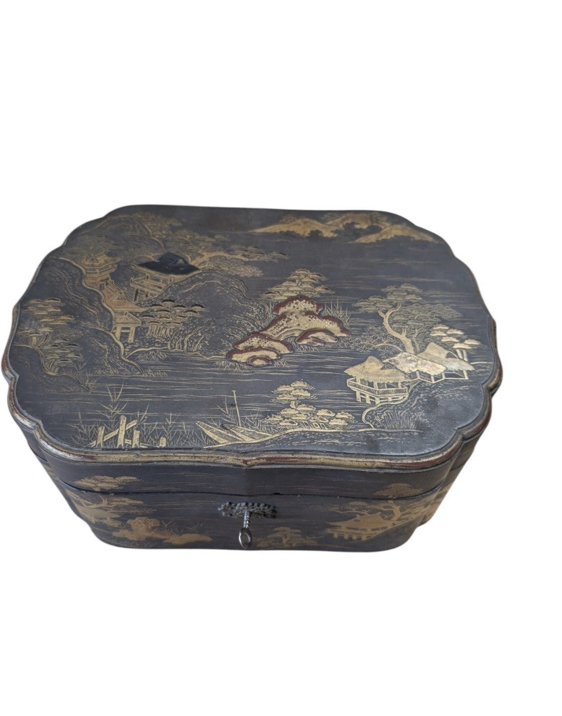 Antique Victorian Chinoiserie Cartouche Box Oriental Decor Velvet Lined
