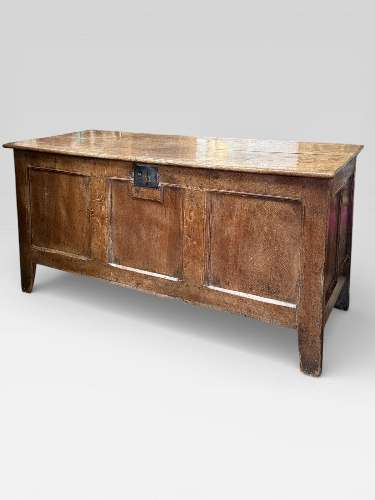 Antique 18th Century Oak Three Panel Coffer Chest Trunk