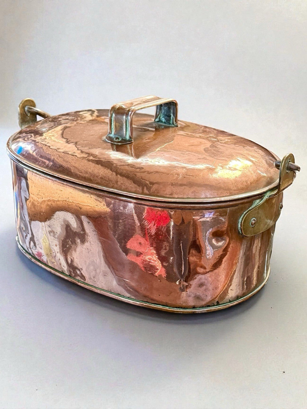 Antique Copper Oval Fish Kettle Poacher with Lid Brass Handles Victorian