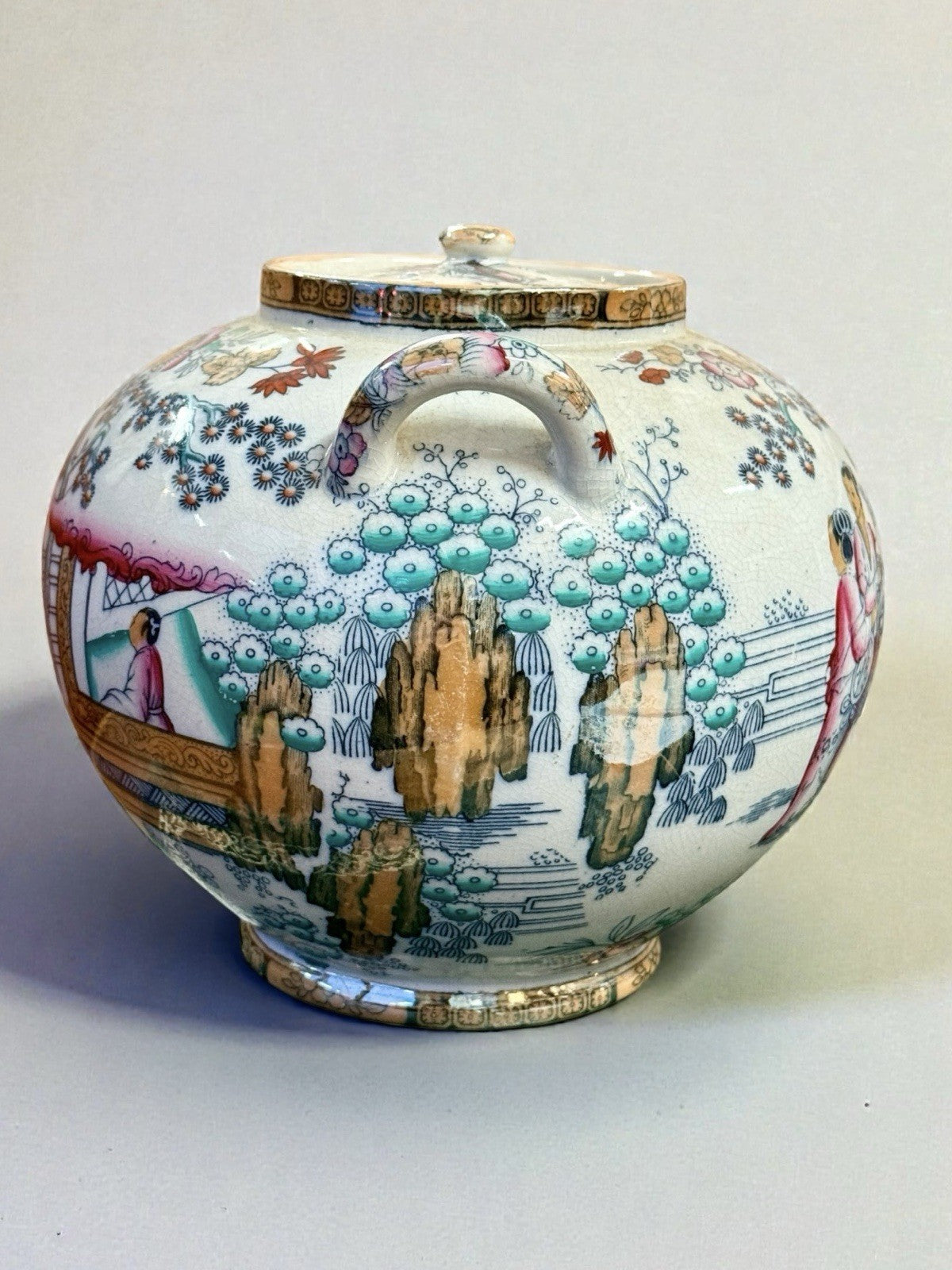 Staffordshire Pot Pourri Jar & Cover Hand Painted Oriental Scene Vintage