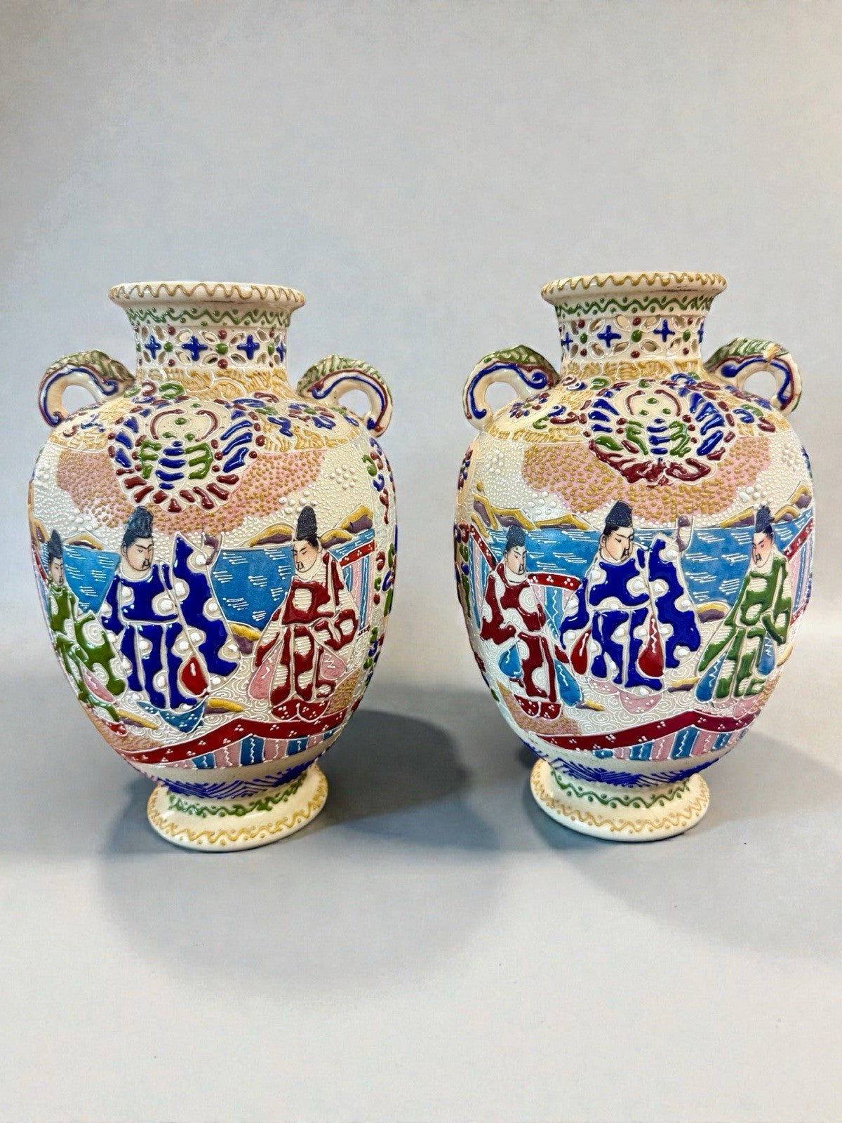 Pair of Vintage Japanese Satsuma Moriage Vases Hand Painted Figural Twin Handle