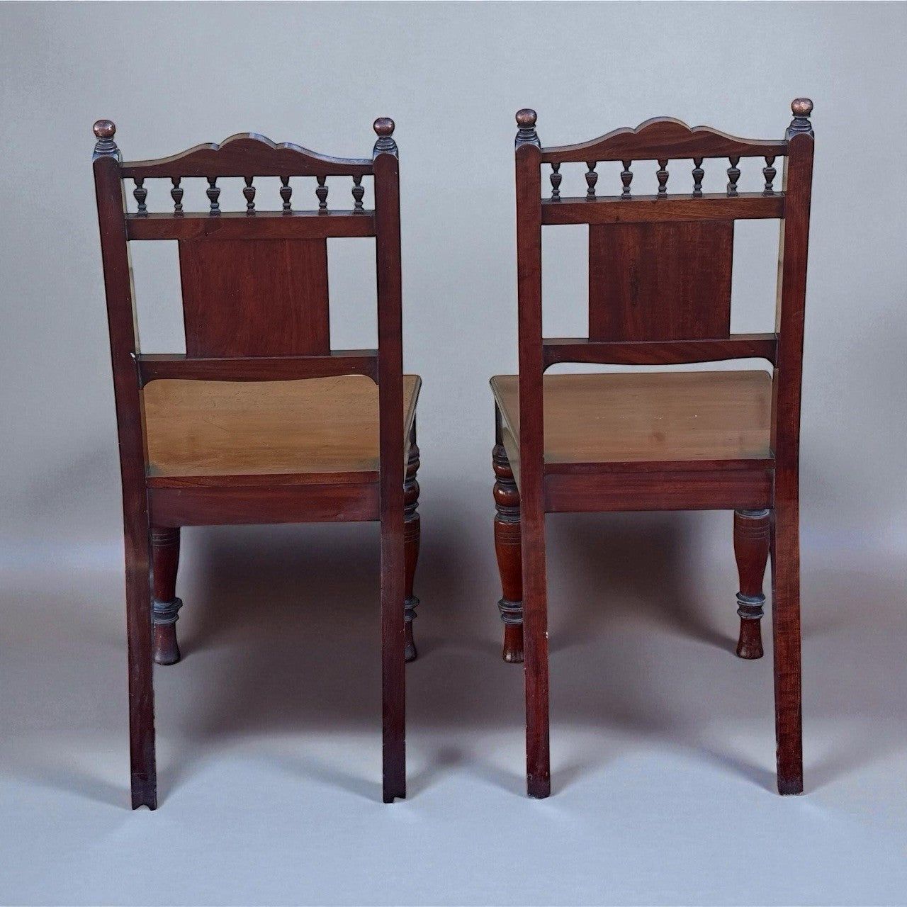 Pair Antique Victorian Mahogany Hall Chairs 19th Century Carved Wood Seating