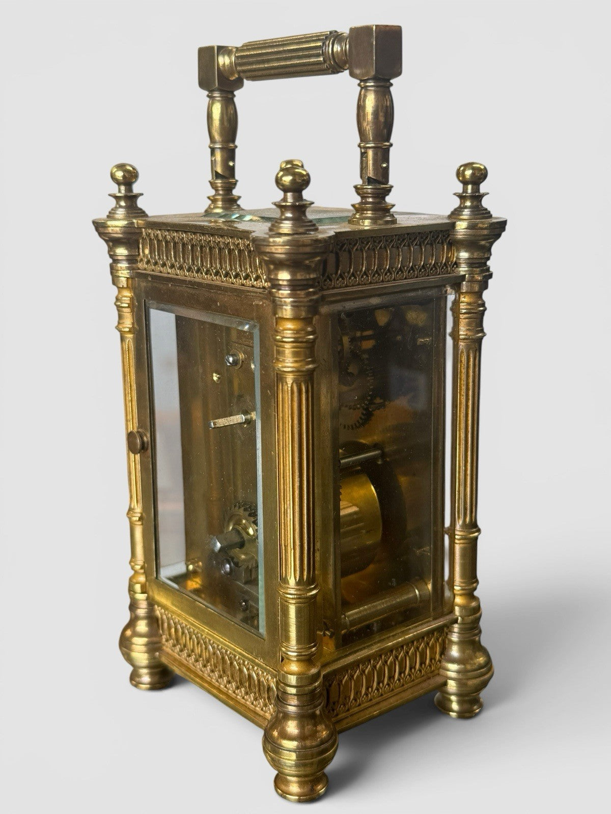Antique French Gothic Revival Carriage Clock Brass Case Working Timepiece