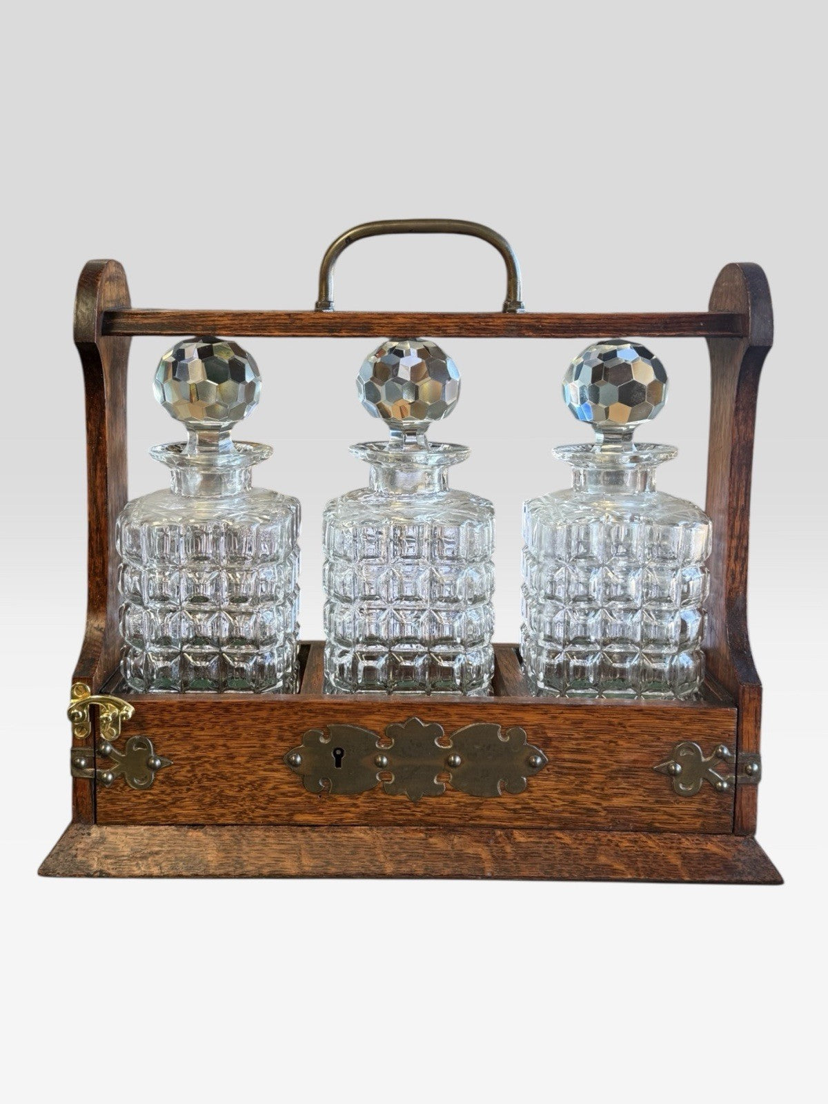 Antique Oak Tantalus Decanter Set Lockable Frame Vintage Whisky Liquor Stand