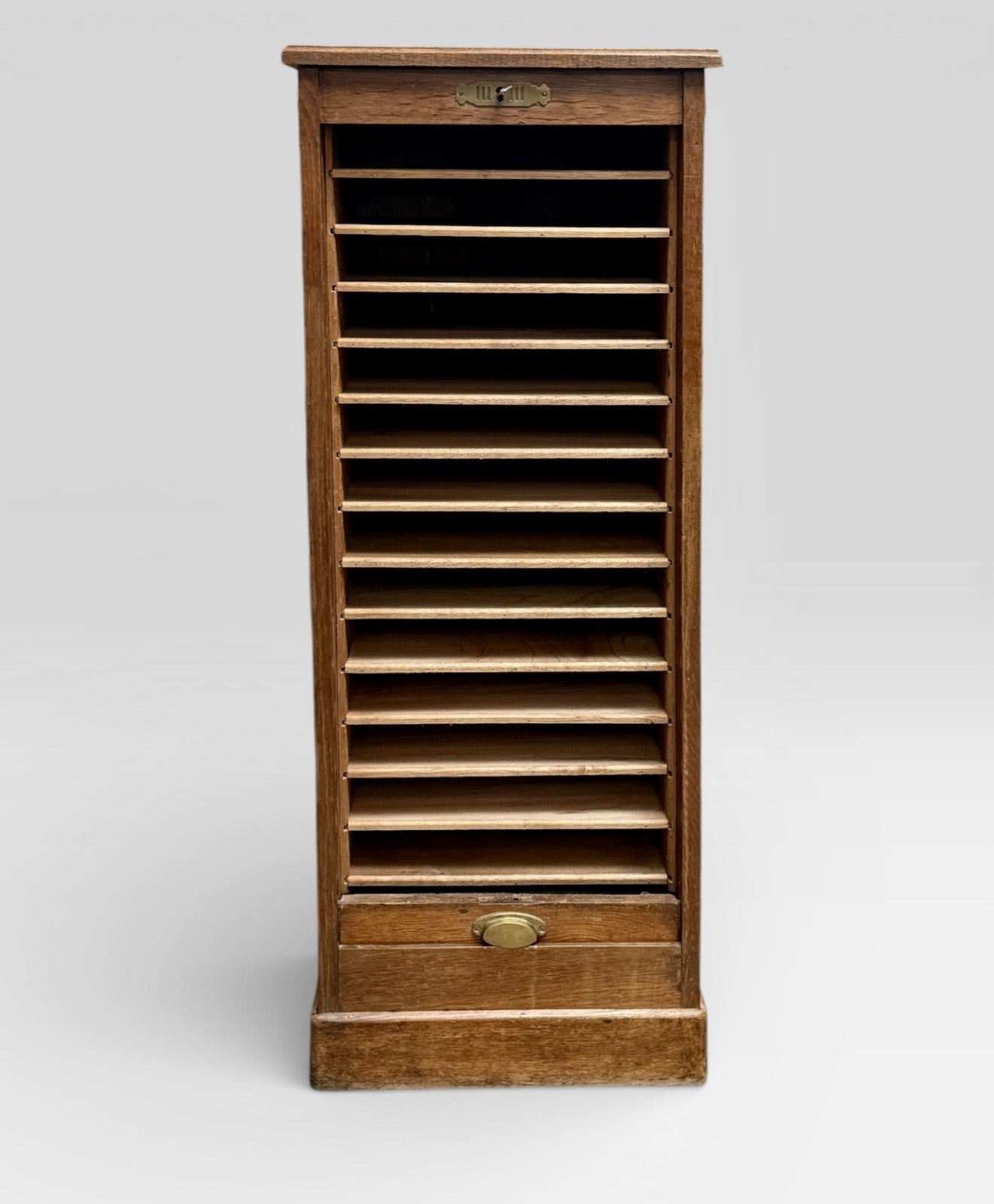 Vintage Oak Tambour Filing Cabinet Roll Top Office Storage
