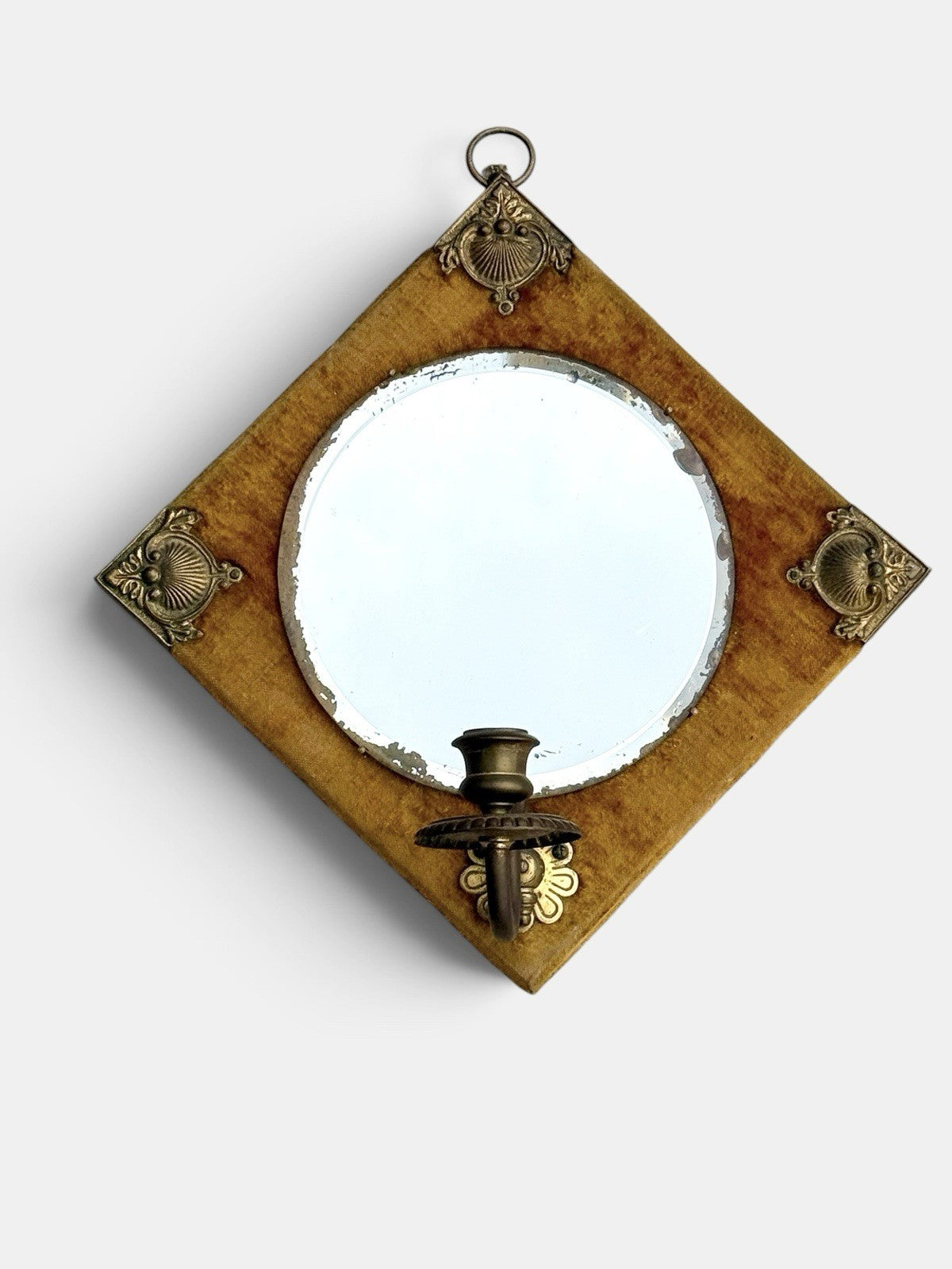 Antique Edwardian Arts & Crafts Velvet Wall Mirror Brass Mounts c.1900