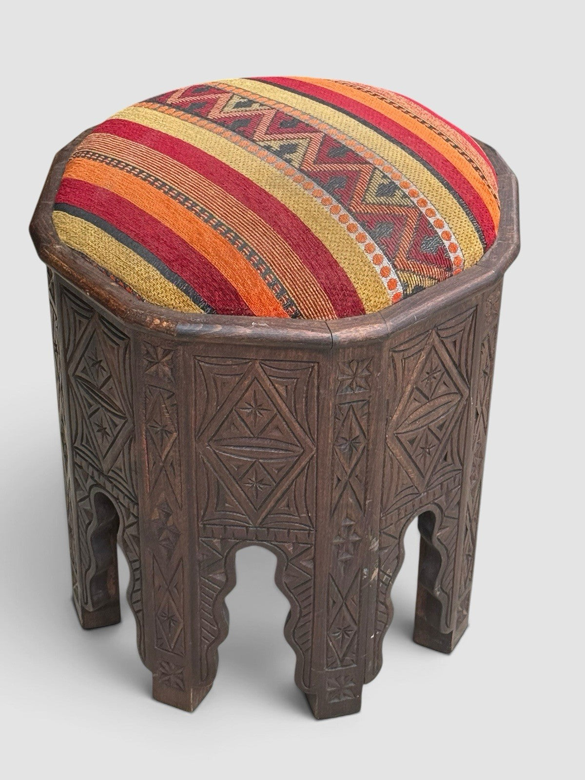 Vintage Moroccan Carved Wooden Stool Footstool Berber Kilim Seat