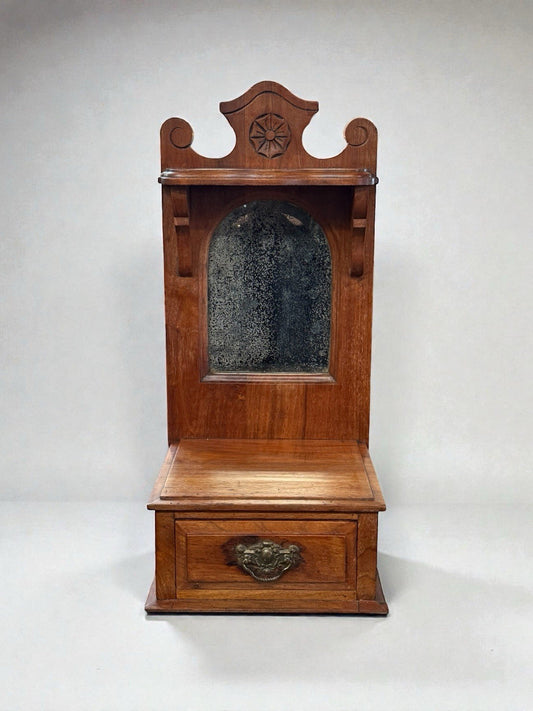 Vintage Wooden Wall Cabinet with Mirror & Drawer – Ornate Carved Detail Antique