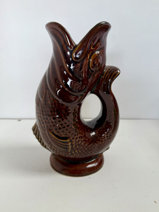 Fabulous Dartmouth Vintage Pottery Devon Brown Gluggle Jug Fish Pitcher Vase.