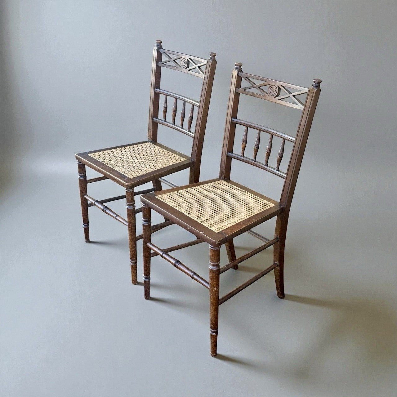Pair Antique Victorian Cane Seat Chairs Spindle Back Farmhouse Wooden Dining