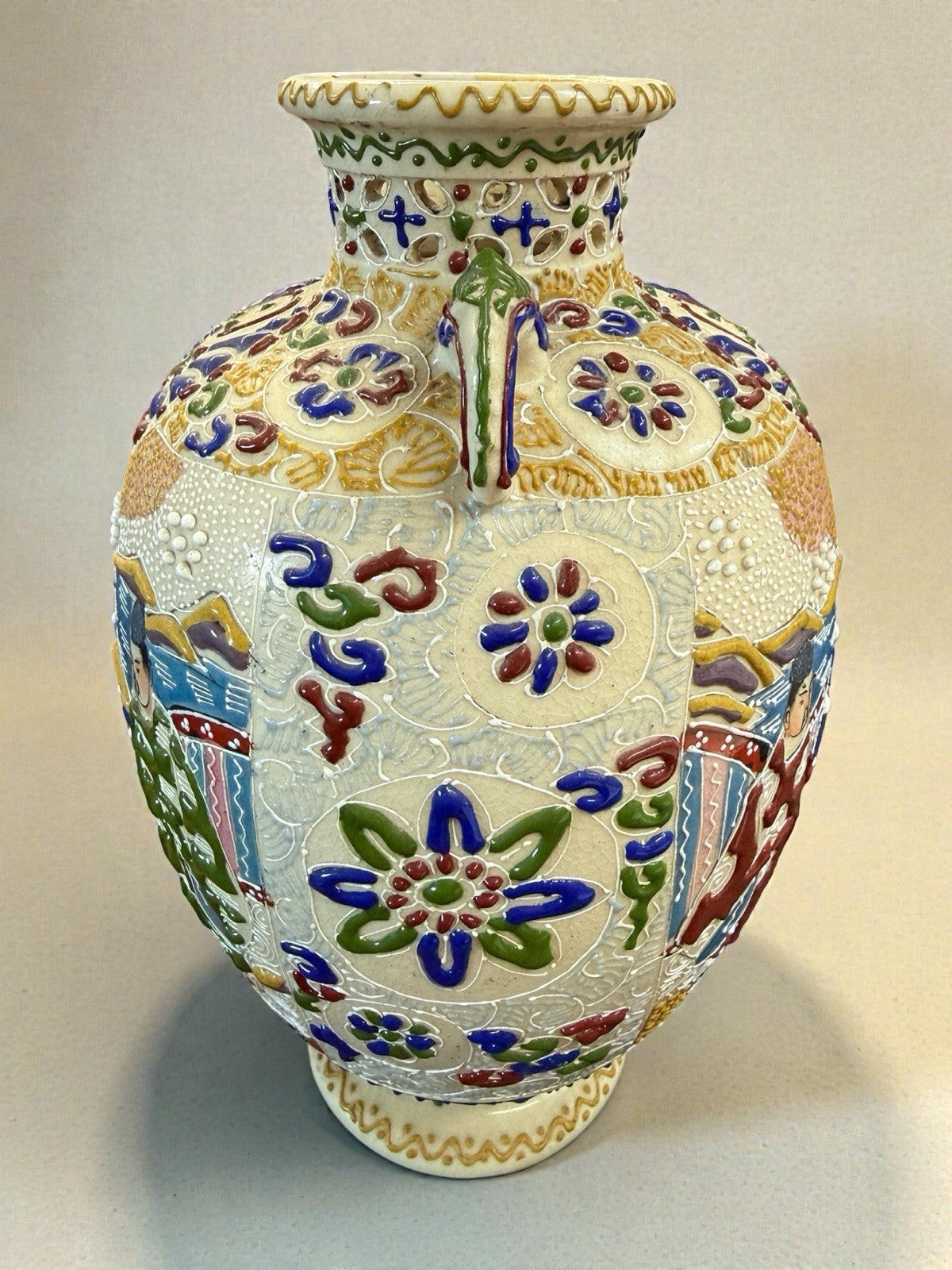 Pair of Vintage Japanese Satsuma Moriage Vases Hand Painted Figural Twin Handle