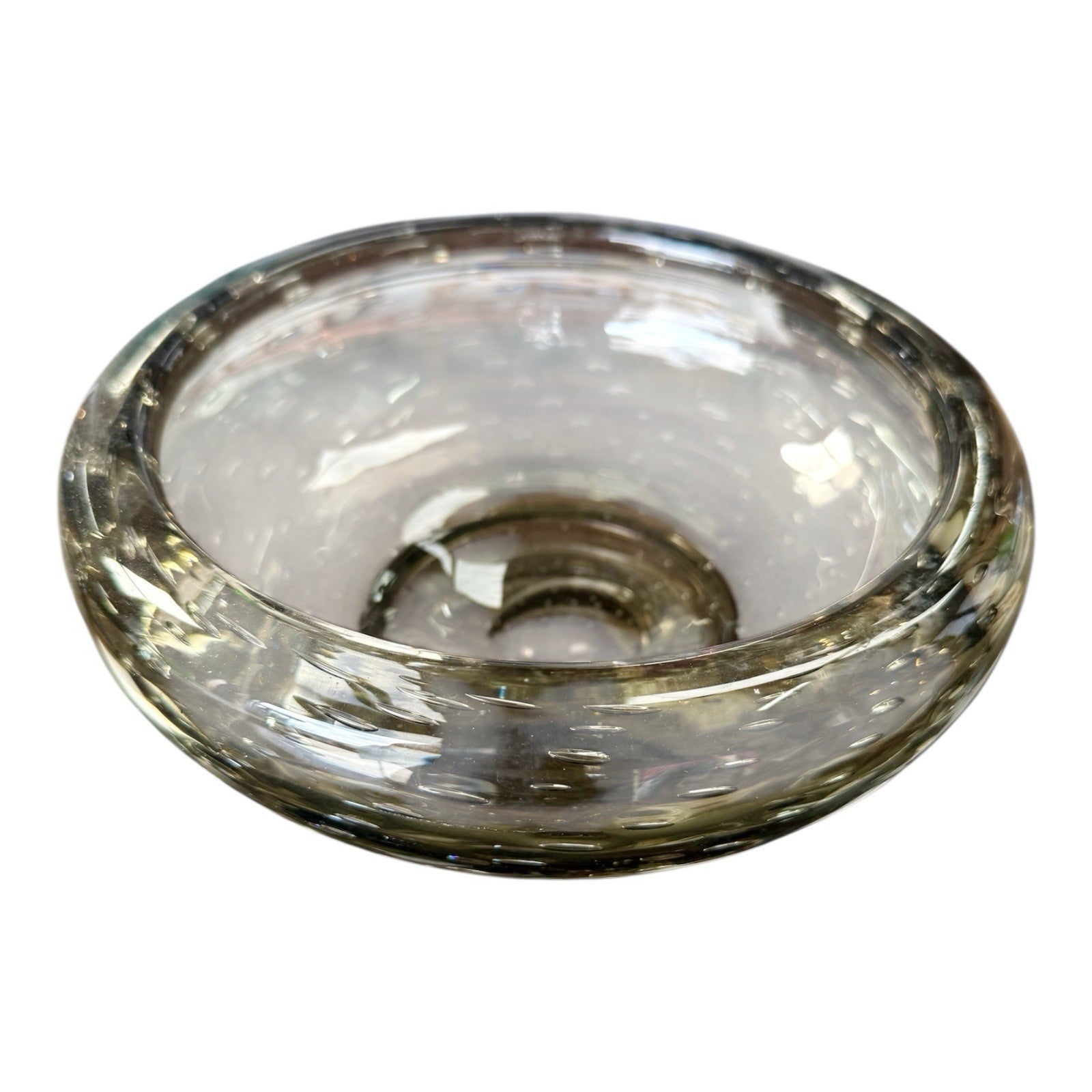 Vintage Whitefriars Glass Controlled Bubbles Large Bowl Smokey Grey Green