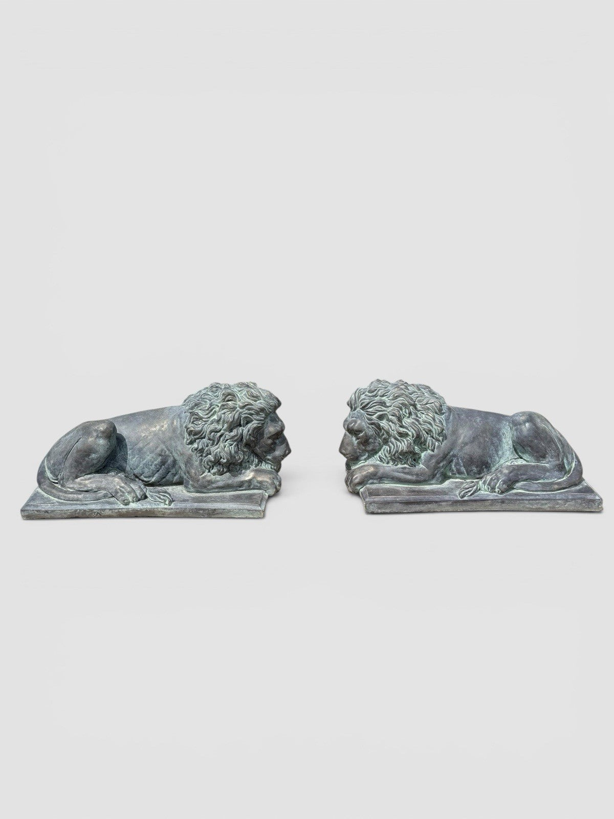 Pair Early 20thC Bronzed Plaster Recumbent Lions After Antonio Canova Statues
