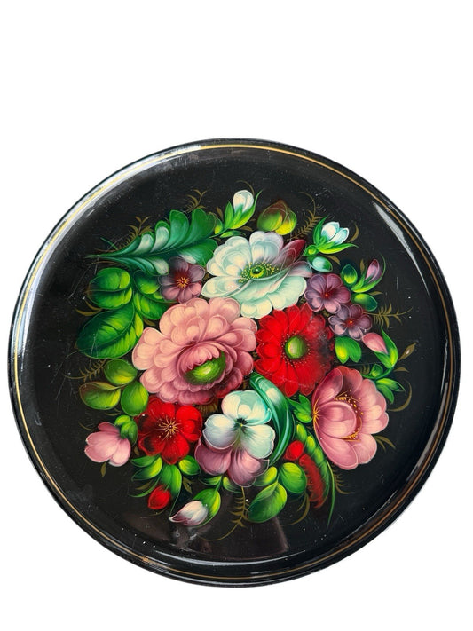 Hand painted Russian Soviet USSR Toleware Round Tray,Floral Design,