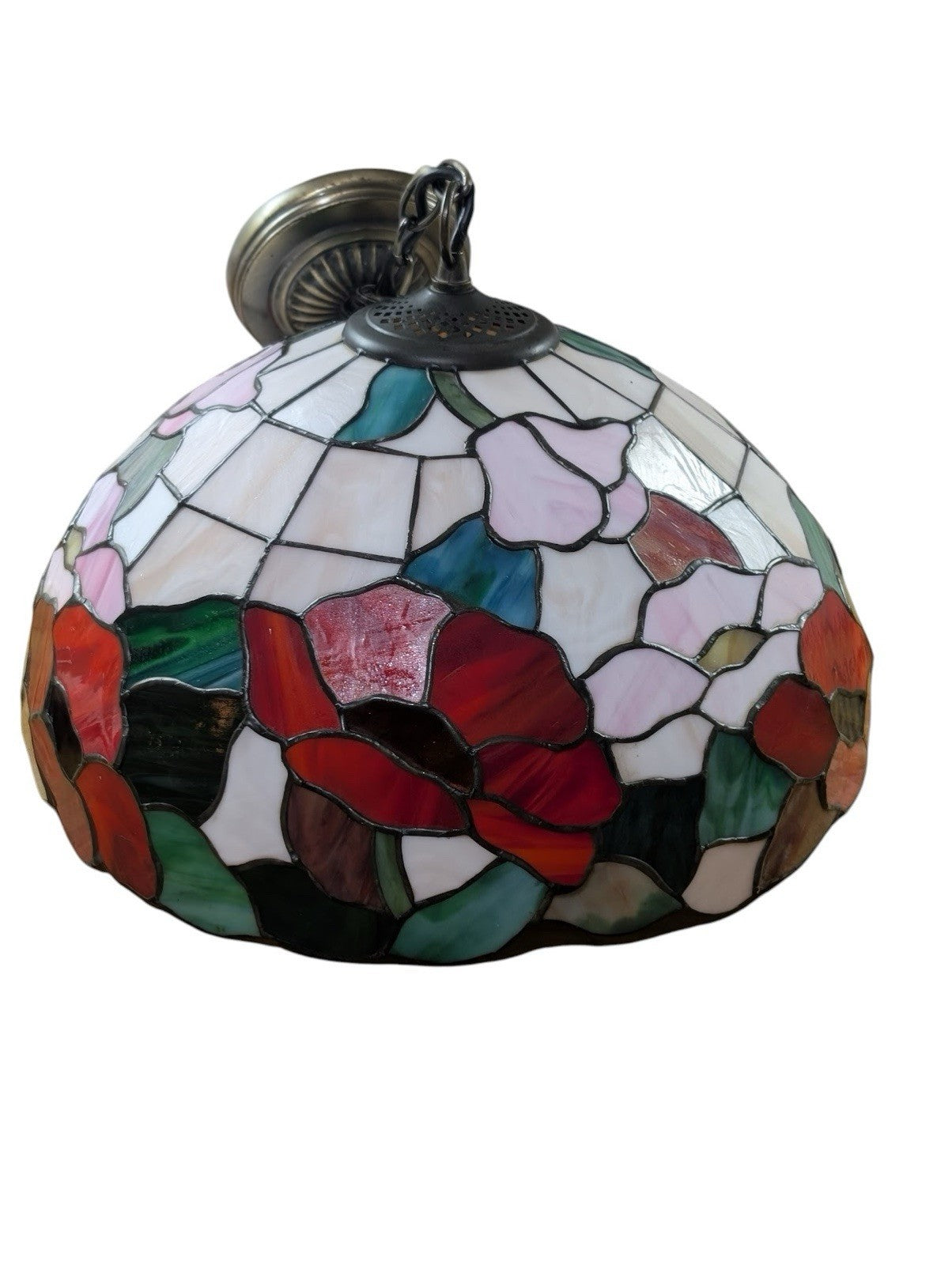 Pair Tiffany Style Glass Ceiling Pendants Vintage Stained Glass Lights