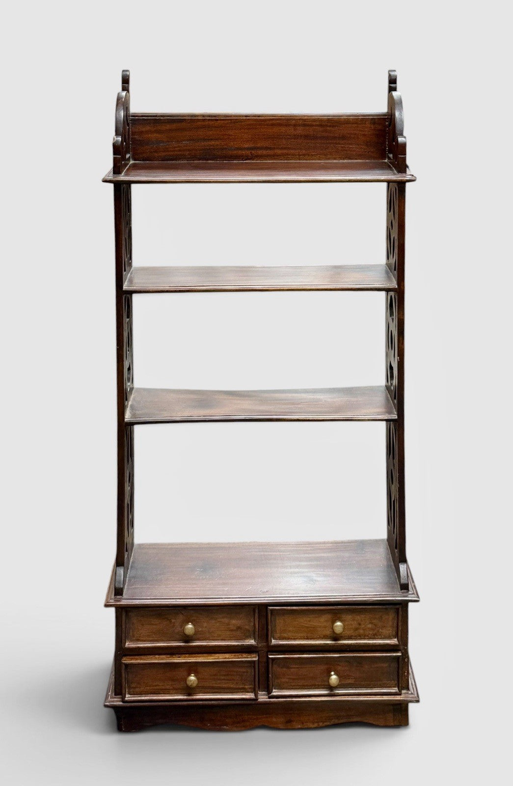 Vintage Regency Style Mahogany Bookcase 4 Tier 4 Drawer Fretted Panels