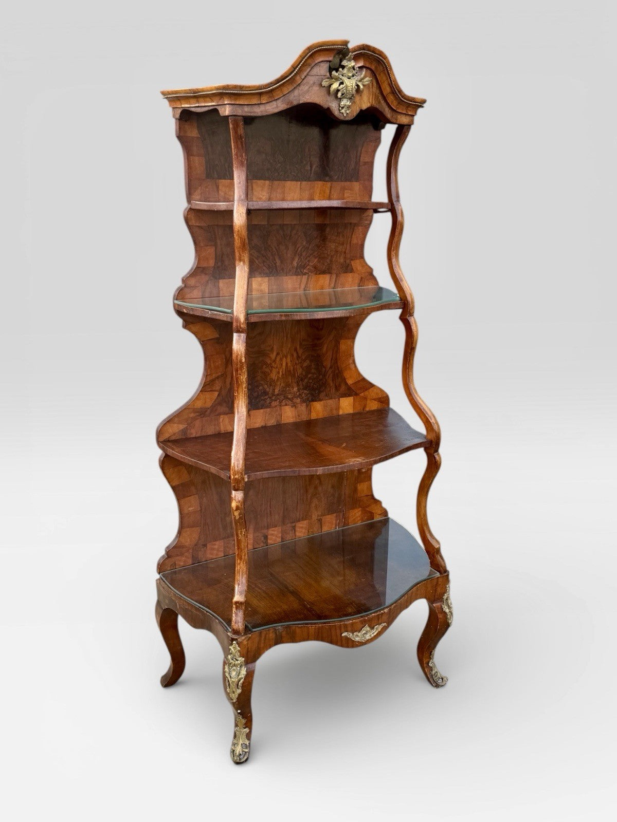 Antique 19th Century Walnut & Gilt Metal Serpentine Whatnot