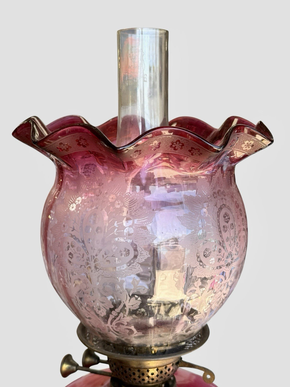 Antique Victorian Cranberry Glass Oil Lamp Hand Painted Font Shade 