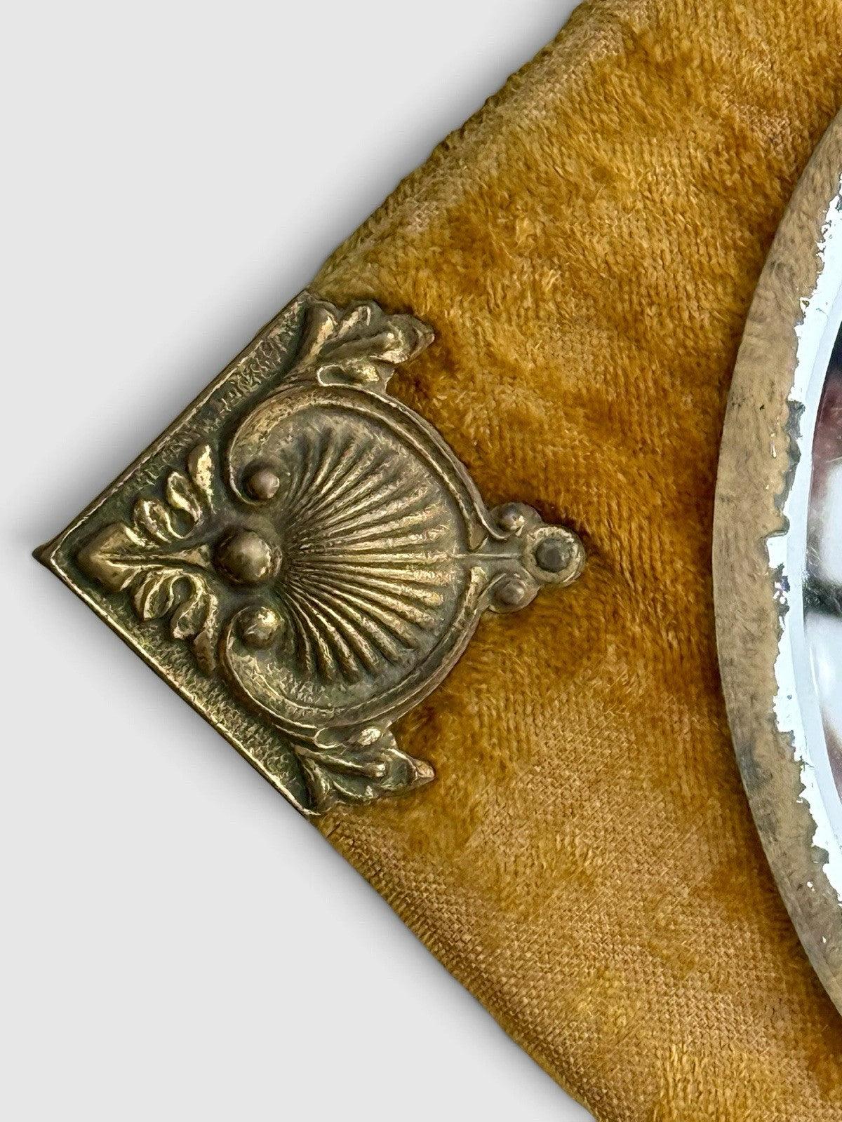 Antique Edwardian Arts & Crafts Velvet Wall Mirror Brass Mounts c.1900